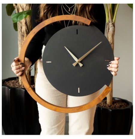 Decorative Metal Wall Clock Wallxpert Moon Time Wooden Metal Wall Clock - APS117 BlackWalnut