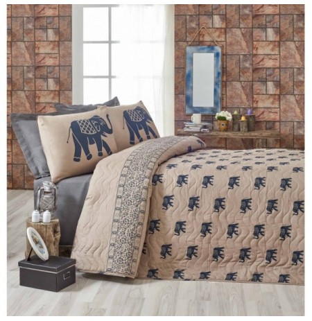 Double Quilted Bedspread Set L'essentiel Fil - Blue Light Brown