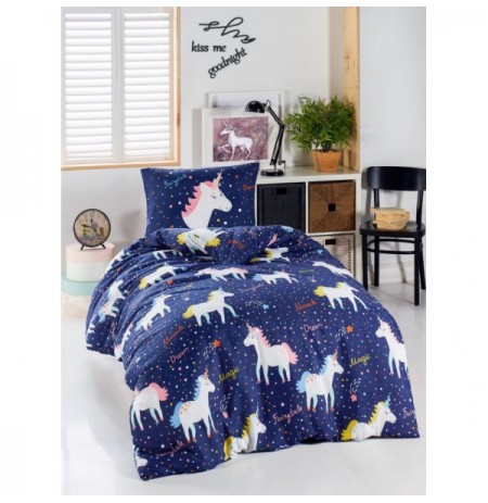 Single Duvet Cover Set L'essentiel Magic Unicorn Dark BlueWhiteYellowPinkOrange