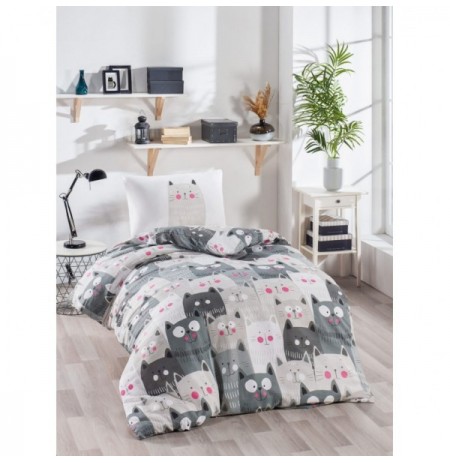 Single Duvet Cover Set L'essentiel Duvarda Kediler WhiteGreyPink