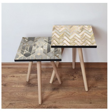 Set tavoline (2 Pc) Kalune Design 2Shp469 - Grey Grey Gold Beige
