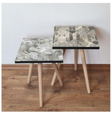 Set tavoline (2 Pc) Kalune Design 2Shp508 - Grey Grey Gold Beige