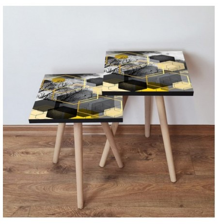 Set tavoline (2 Pc) Kalune Design 2Shp162 - Black Black Gold Beige Grey