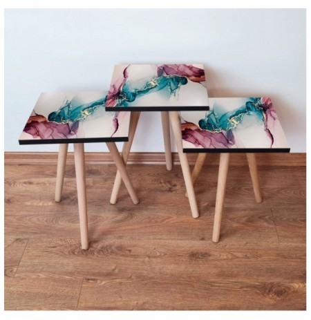Set tavoline (3 Pc) Kalune Design 3Shp230 - Pink Pink Blue Cream White