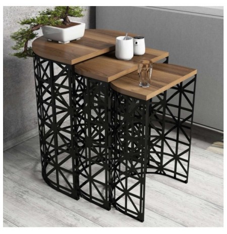 Set tavoline (3 Pc) Kalune Design Stil Metal Ferforje - Walnut Walnut Black