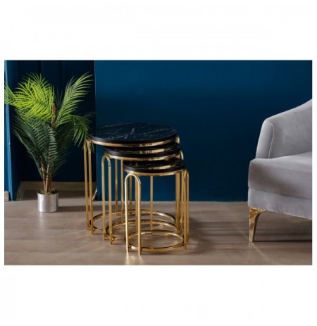 Set tavoline (3 Pc) Kalune Design Lenka Zigon - Black Marble, Gold Black Marble Gold