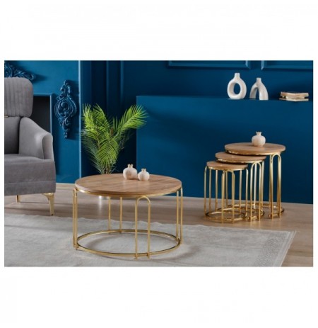 Set tavoline kafeje Kalune Design Lenka 3+1 - Walnut, Gold Walnut Gold