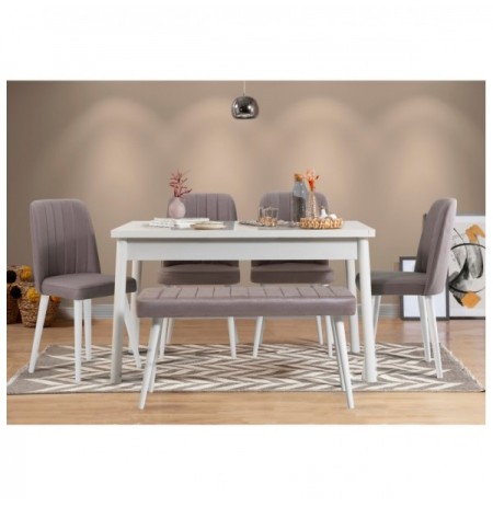 Set ( 6 Pc ) Tavoline + karrige Kalune Design Costa 0701 - 2 B White Grey