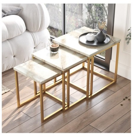 Set tavoline (3 Pc) Kalune Design Vg7-Ge White Marble Gold