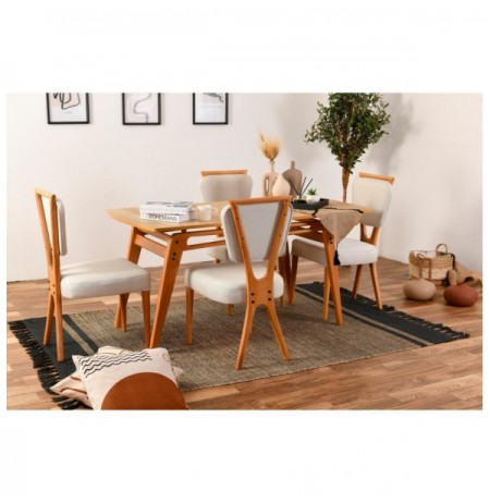 Set ( 5 Pc ) Tavoline + karrige Kalune Design Palace Wooden - Cream Oak Cream